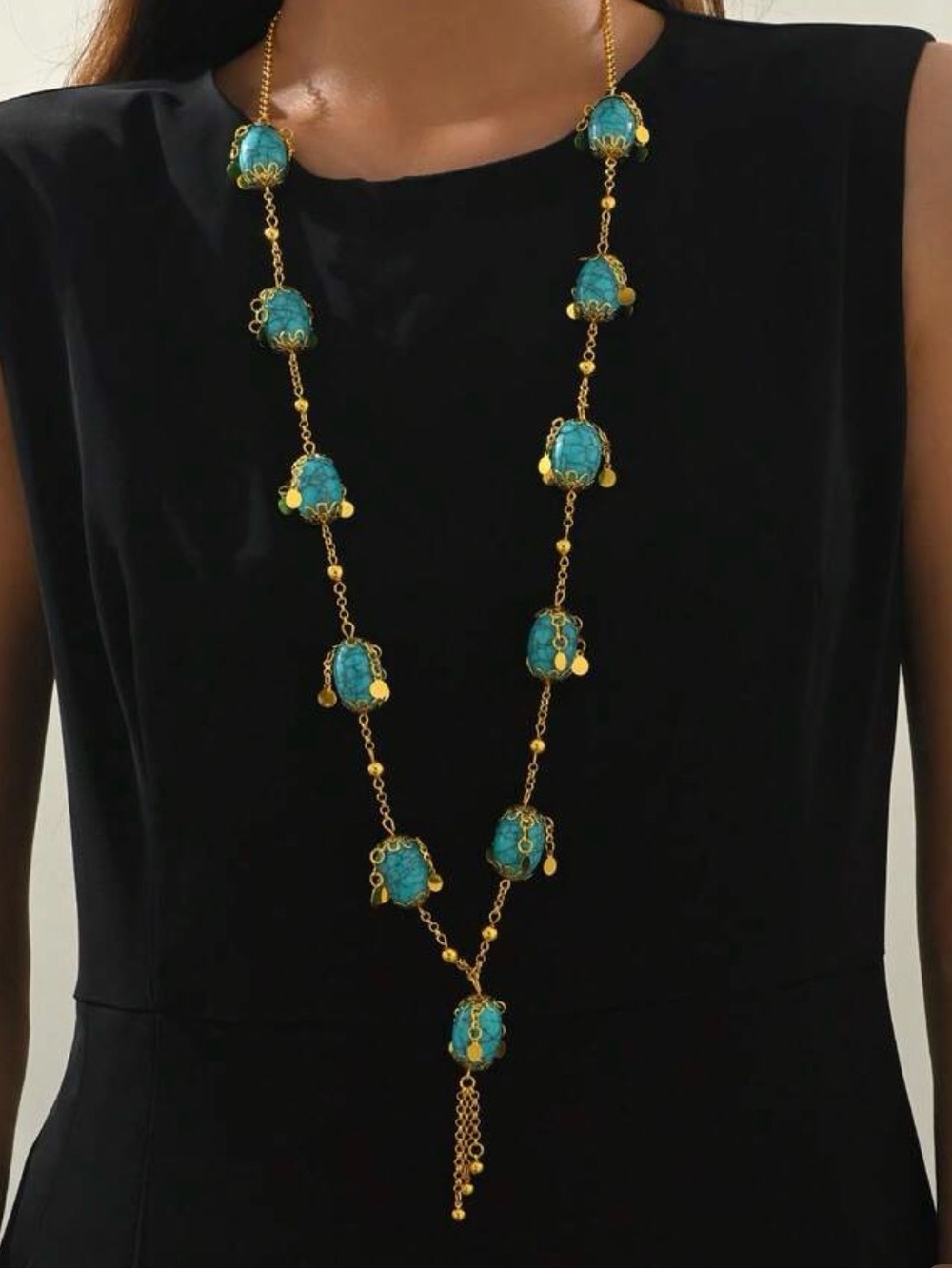 Gold Chain Necklace with faux Turquoise Beads - Women Jewelry